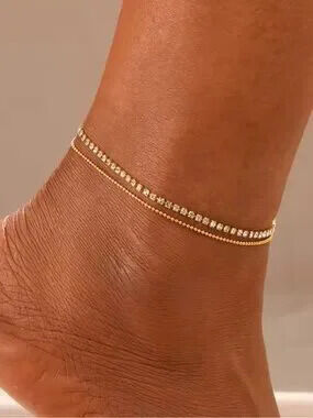 Gold Double Strand Anklet with Clear Stones